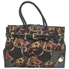 Ralph Lauren Black/Multicolor Equestrian Print Canvas Belt Shopper Tote