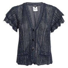 Chanel Navy Blue Patterned Knit Button Front Cardigan S