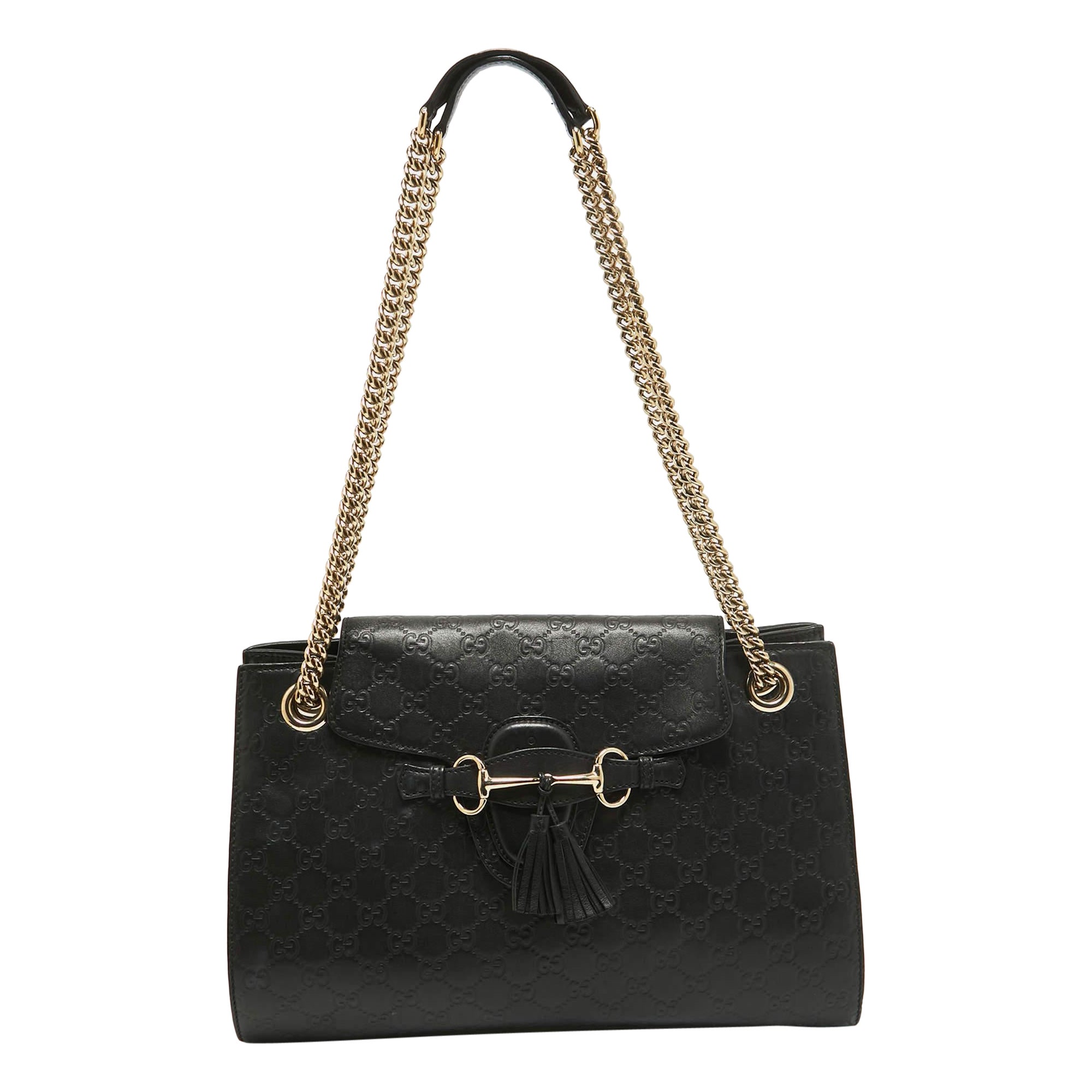 Gucci Black Guccissima Leather Large Emily Chain Shoulder Bag For Sale