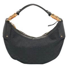 Gucci Black GG Canvas and Leather Bamboo Ring Hobo