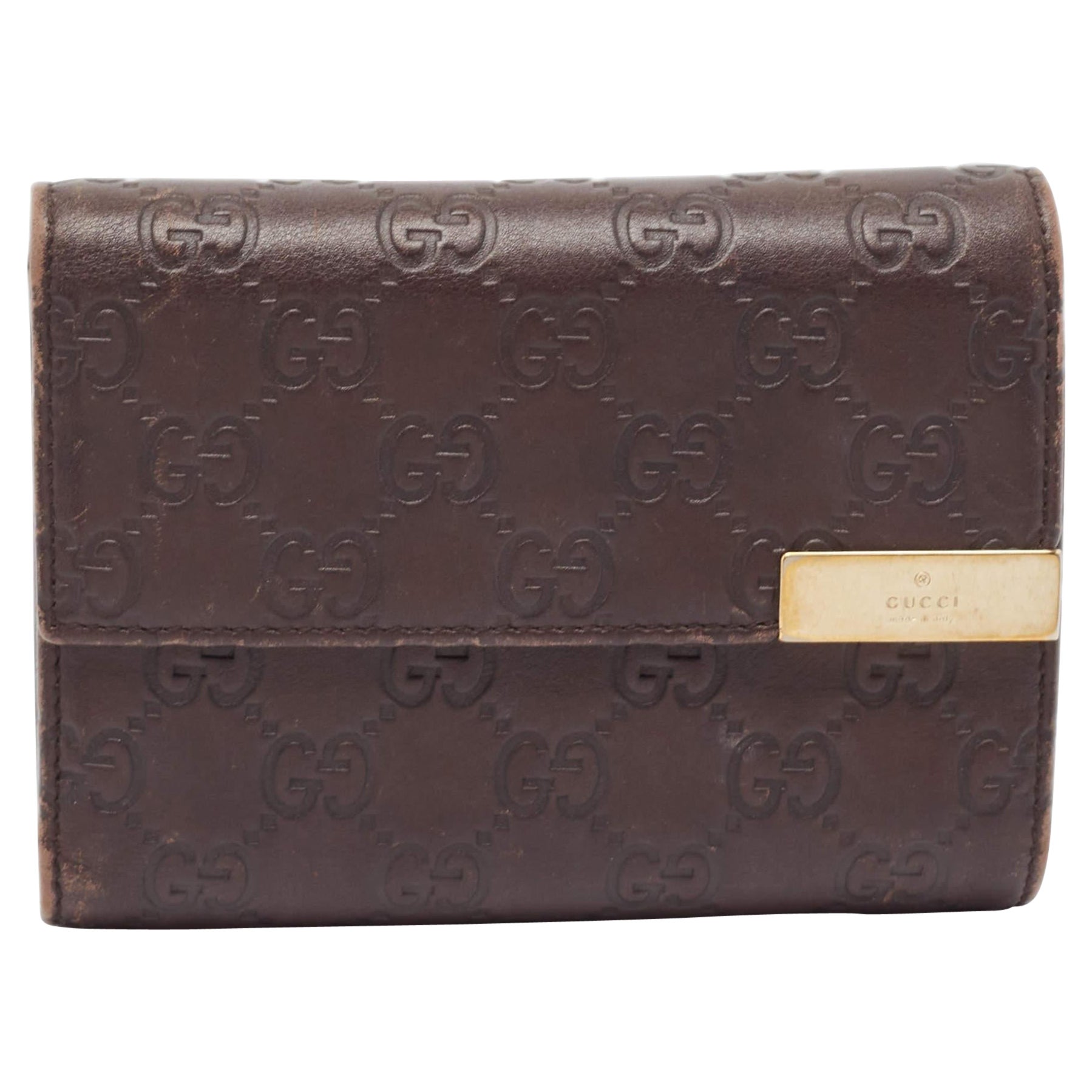 Gucci Dark Brown Guccissima Leather Flap French Wallet For Sale