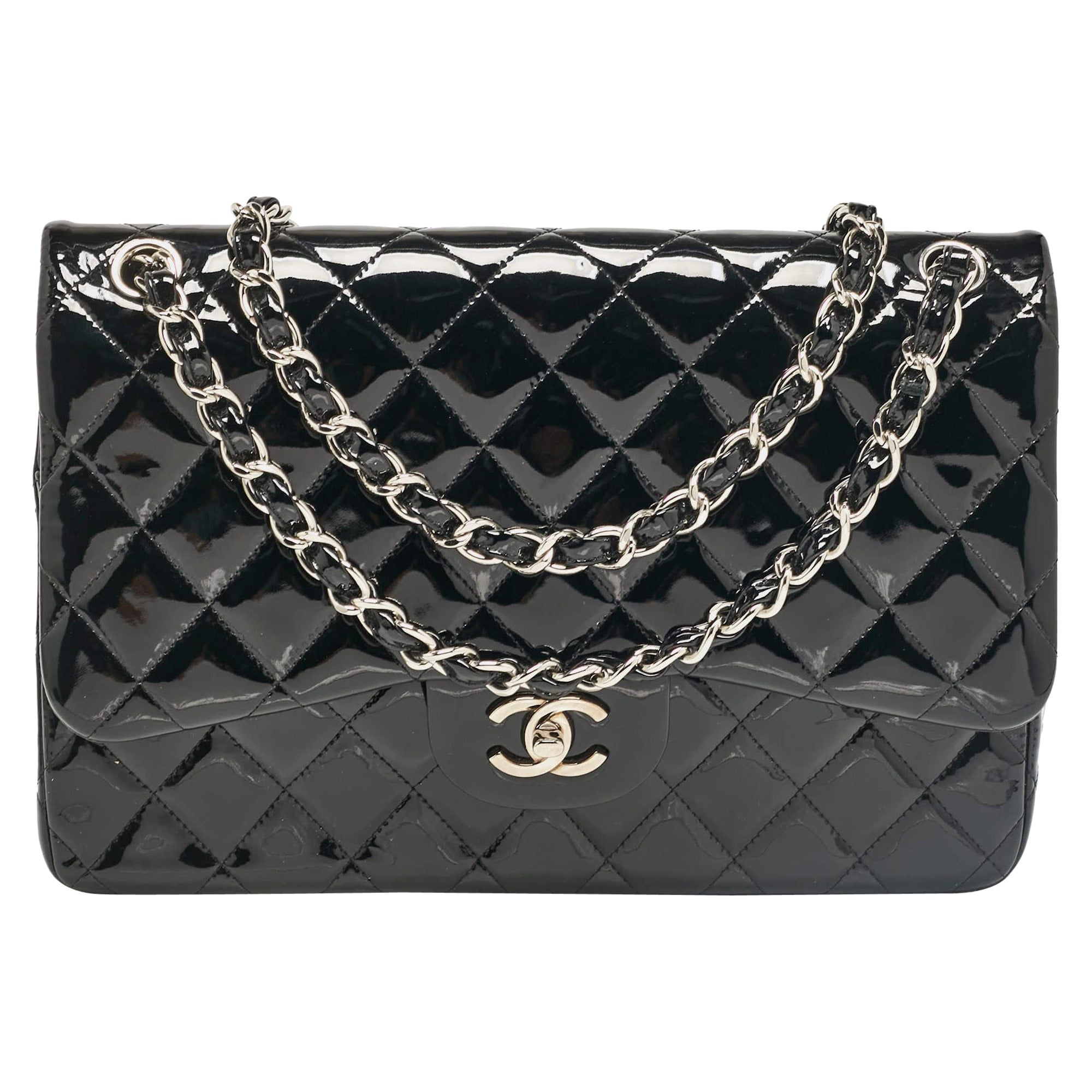 Chanel Black Quilted Patent Leather Jumbo Classic Double Flap Bag For Sale