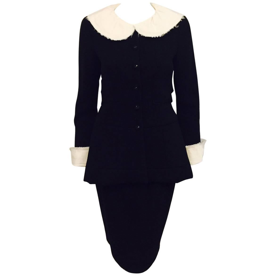 Chanel Black Double Faced Wool Skirt Suit With Removable Silk Collar and Cuffs