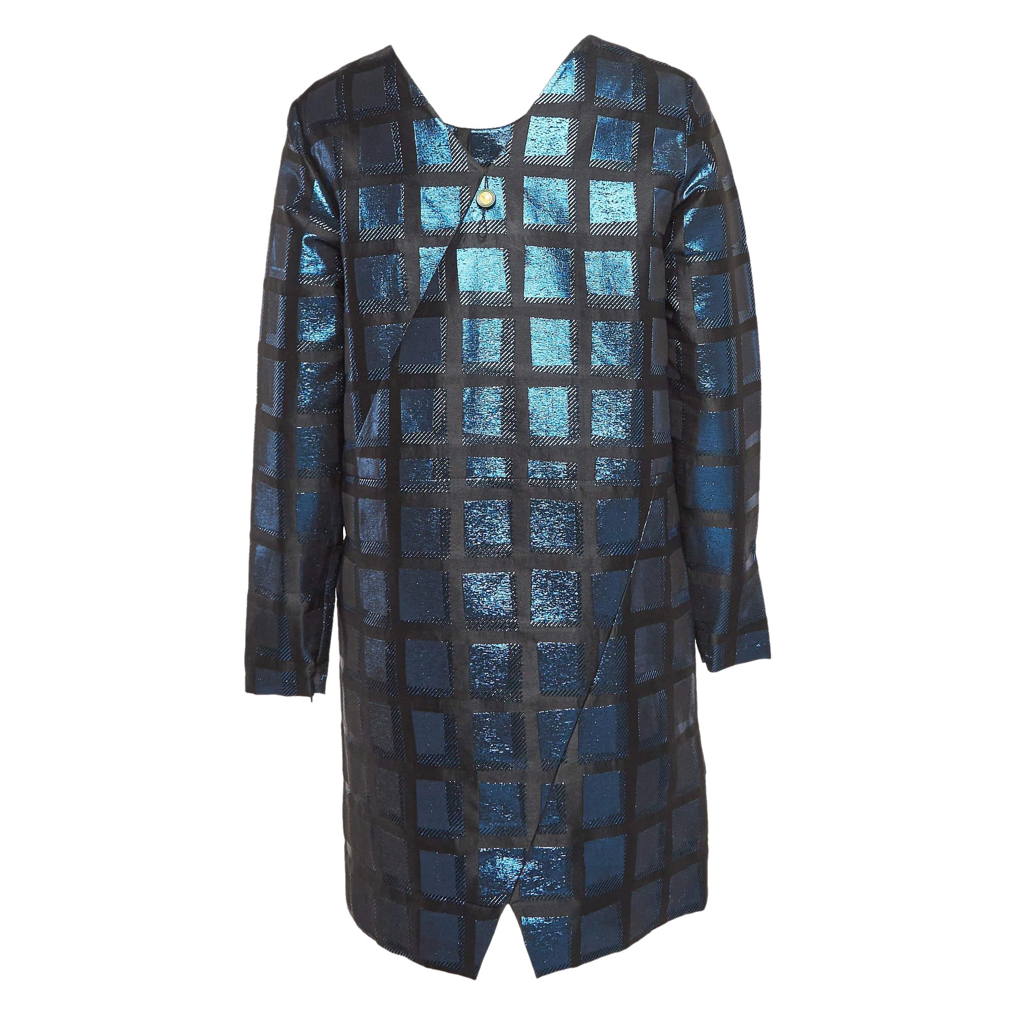 Kenzo Blue Square Lurex V-Neck Shift Dress L For Sale