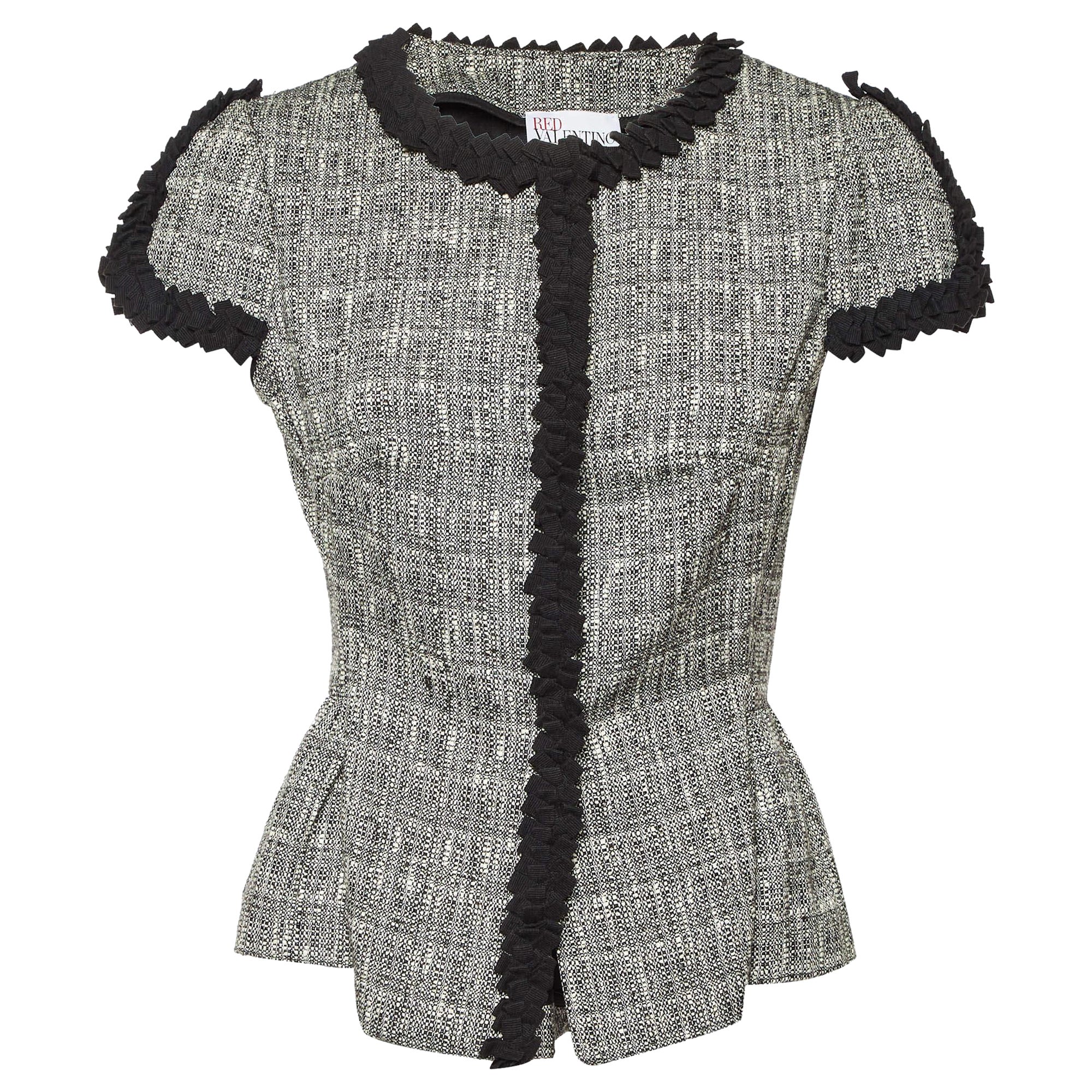 RED Valentino Monochrome Tweed Ruffle Trim Jacket M For Sale