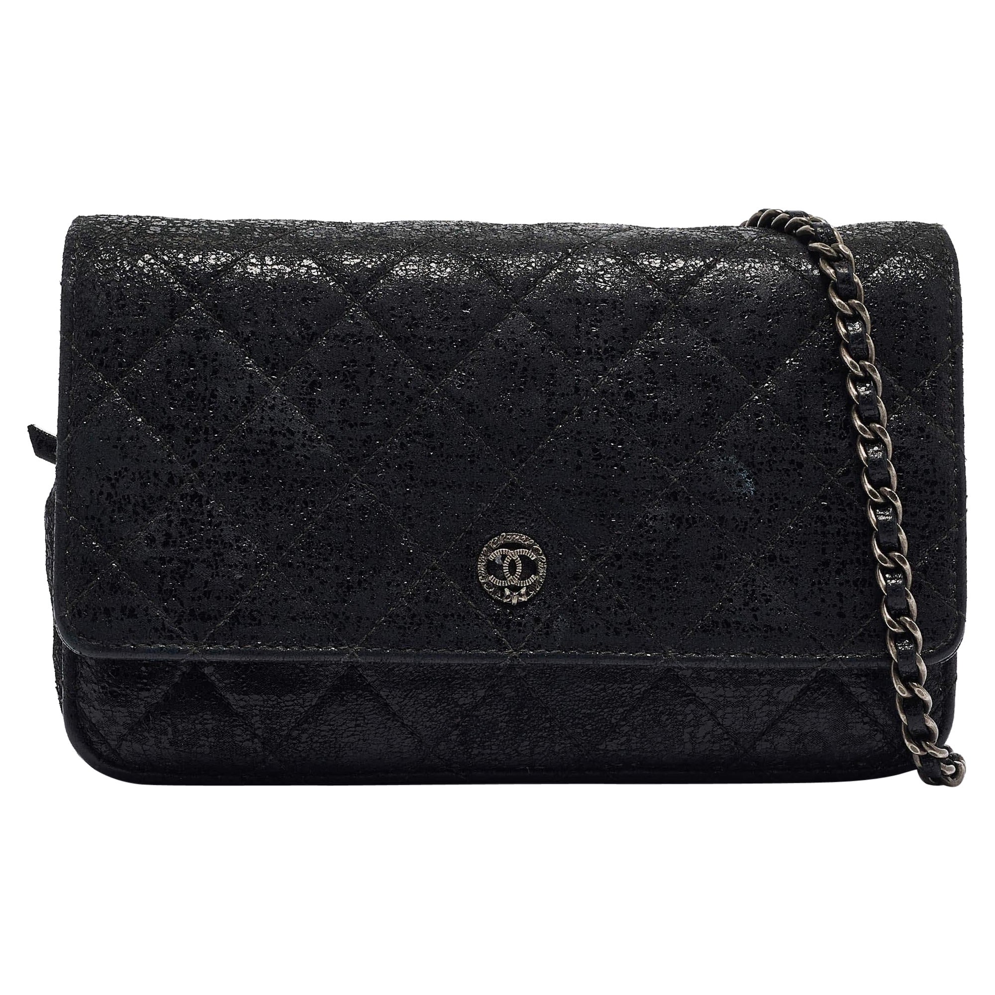 Chanel Black Quilted Shimmering Leather WOC Clutch Bag For Sale