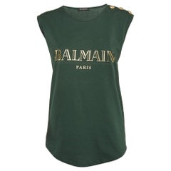 Balmain Green Logo Print Cotton Sleeveless T-Shirt M
