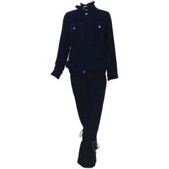 Vintage Courreges Couture Future blue velvet jacket and tie leg trouser 1970s 2