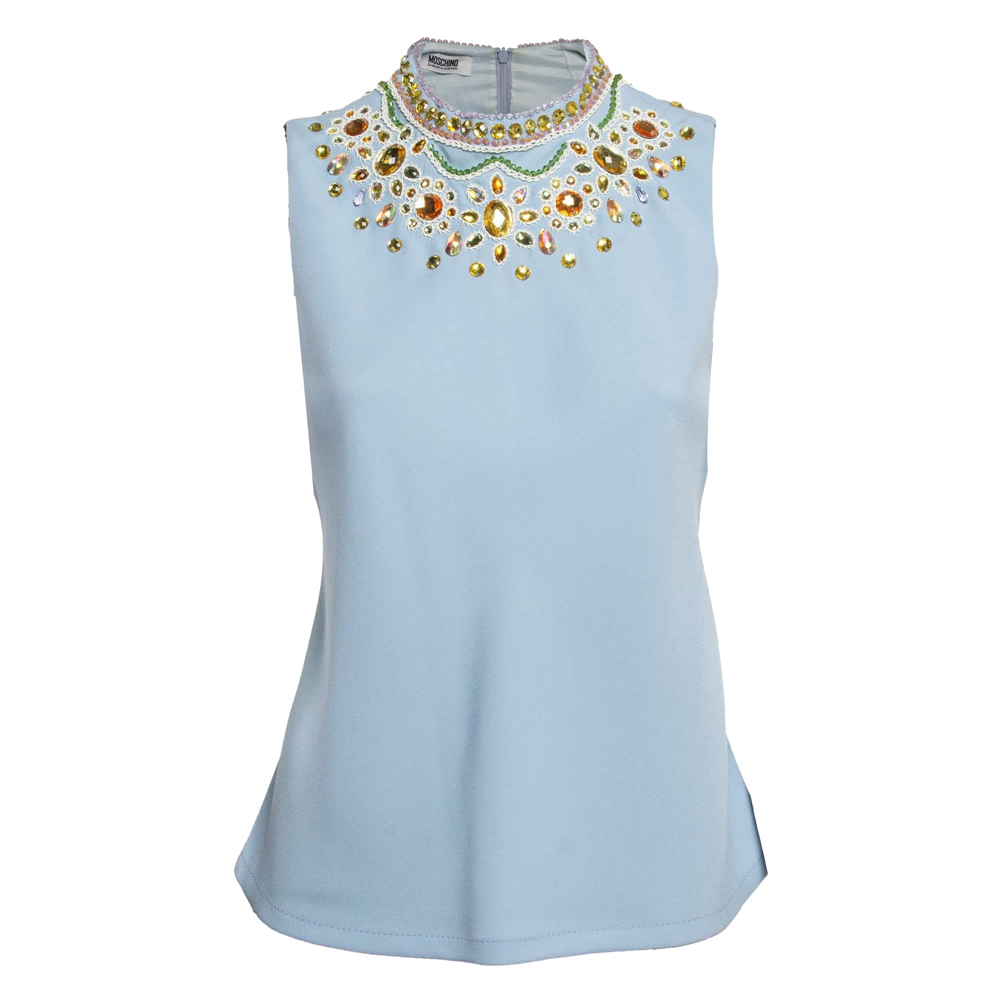 Moschino Cheap and Chic Top sin mangas de crepé azul adornado S