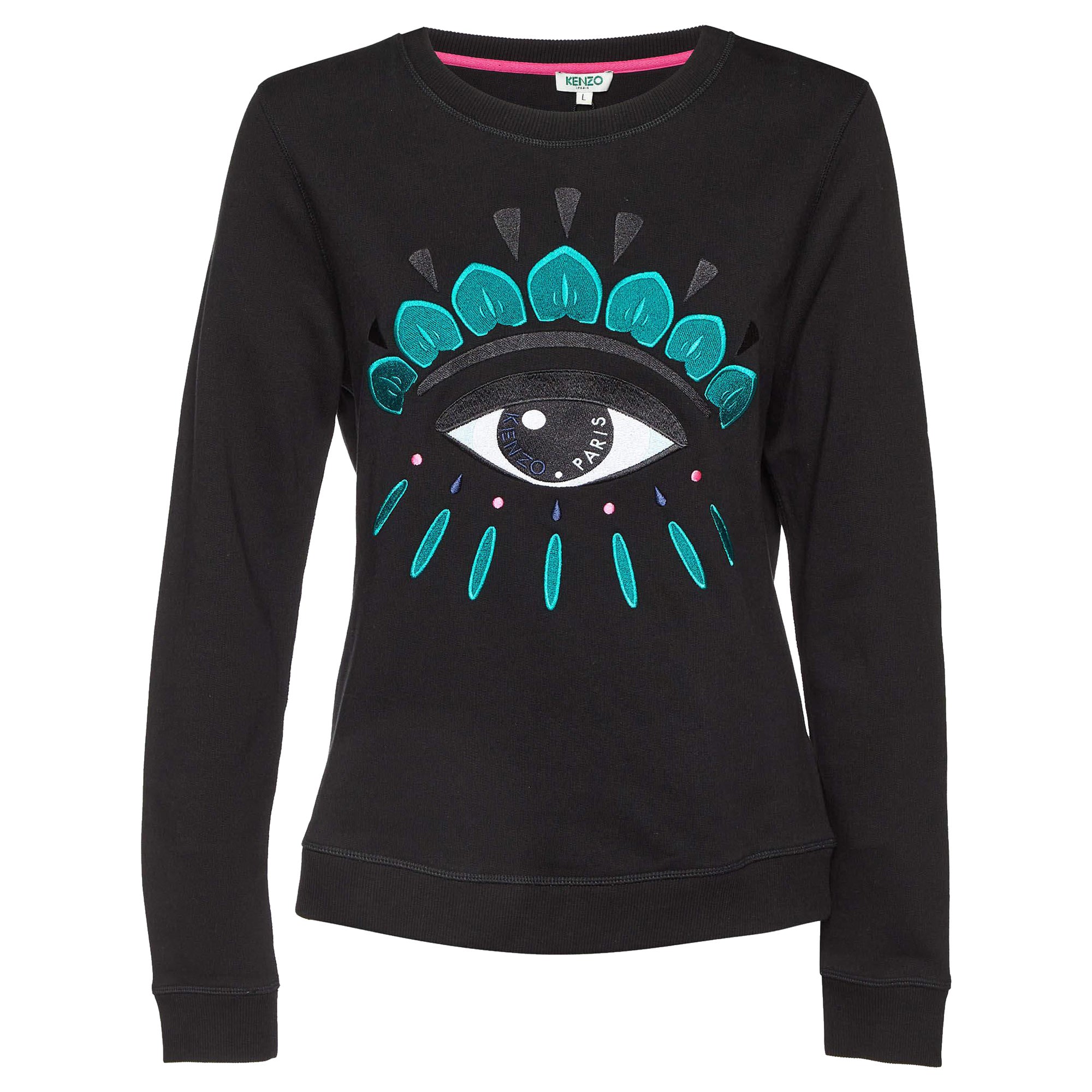 Kenzo Black Eye Embroidered Cotton Crew Neck Sweatshirt L For Sale