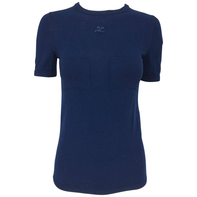 Vintage Courreges navy blue knit double pocket poor boy sweater 1970s at 1stDibs