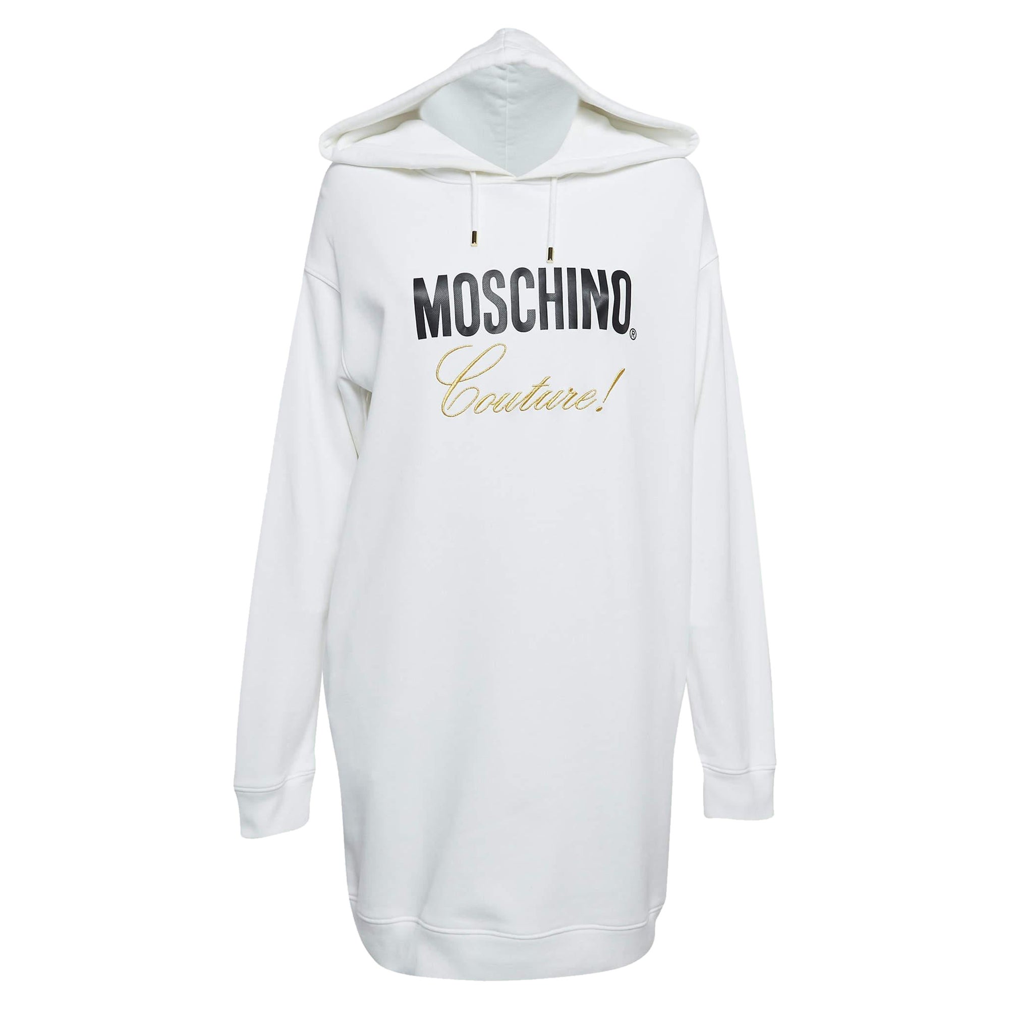 Moschino Couture  White Logo Print Cotton Hoodie Dress M For Sale