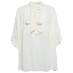 Chloe Cream Textured Silk Crepe Tie-Up Neck Tunic L