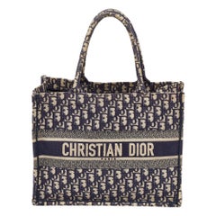 Dior Navy Blue Oblique Embroidered Canvas Medium Book Tote