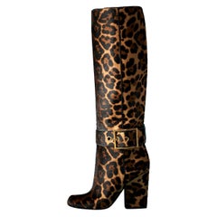 Neu GUCCI Pelz Leder Jaguar Print Schnalle Knie hohe Stiefel It. 36 - US 6