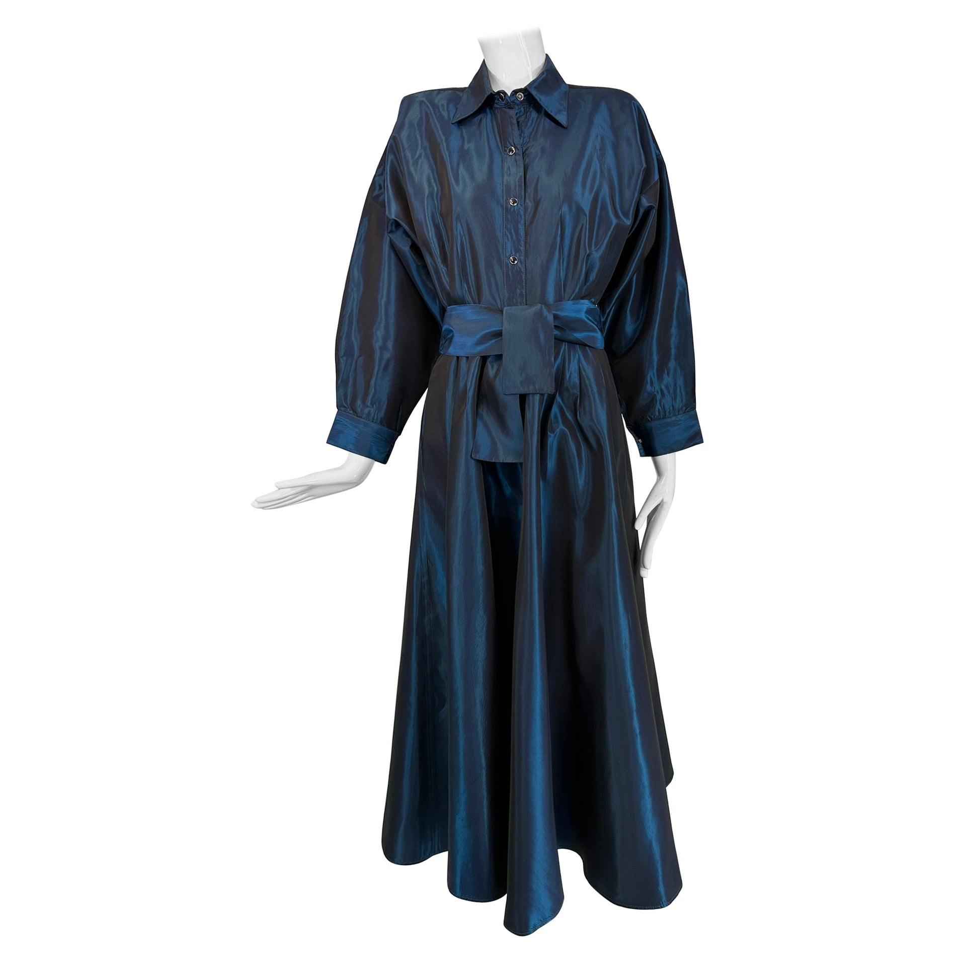 Norma Kamail Teal Blue Taffeta Big Shoulder Shirtwaist Snap Front Dress 8 1980s en vente