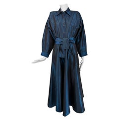 Norma Kamail Teal Blue Taffeta Big Shoulder Shirtwaist Snap Front Dress 8 1980s