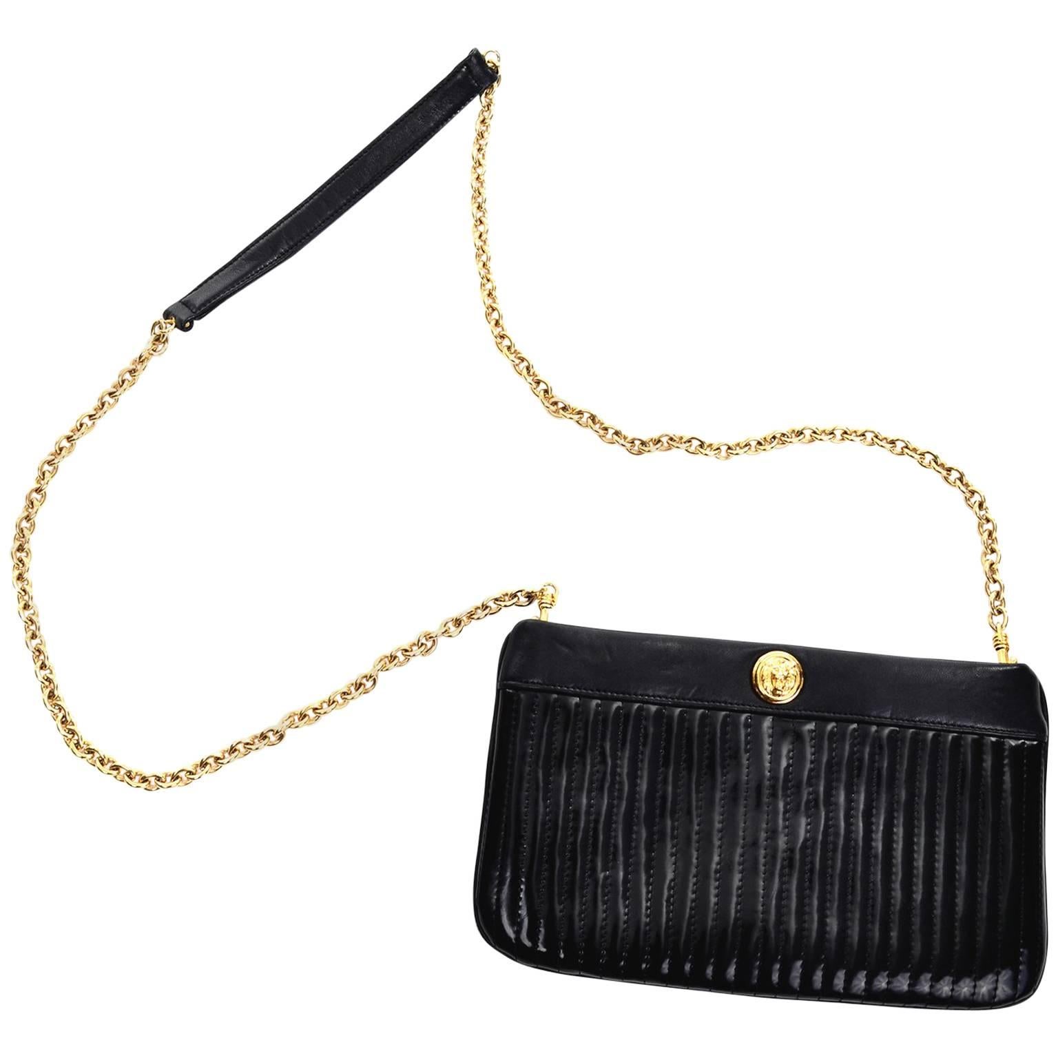 Anne Klein Vintage Black Leather Quilted Handbag Shoulder Bag Lion Logo