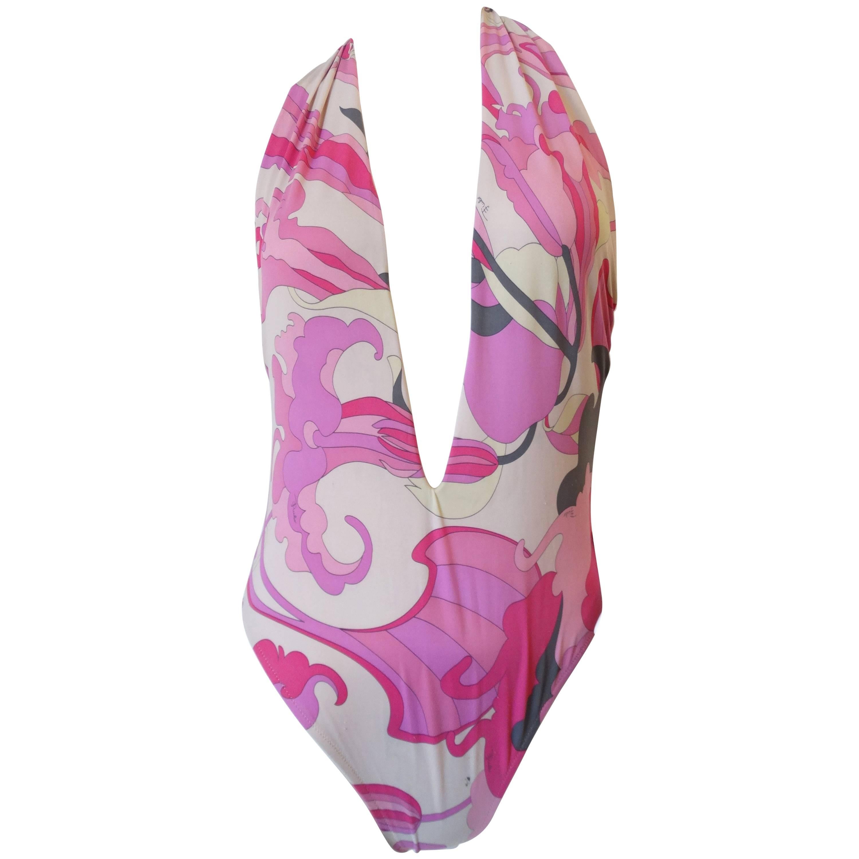 Emilio Pucci Pink Printed Deep V Halter Swimsuit 