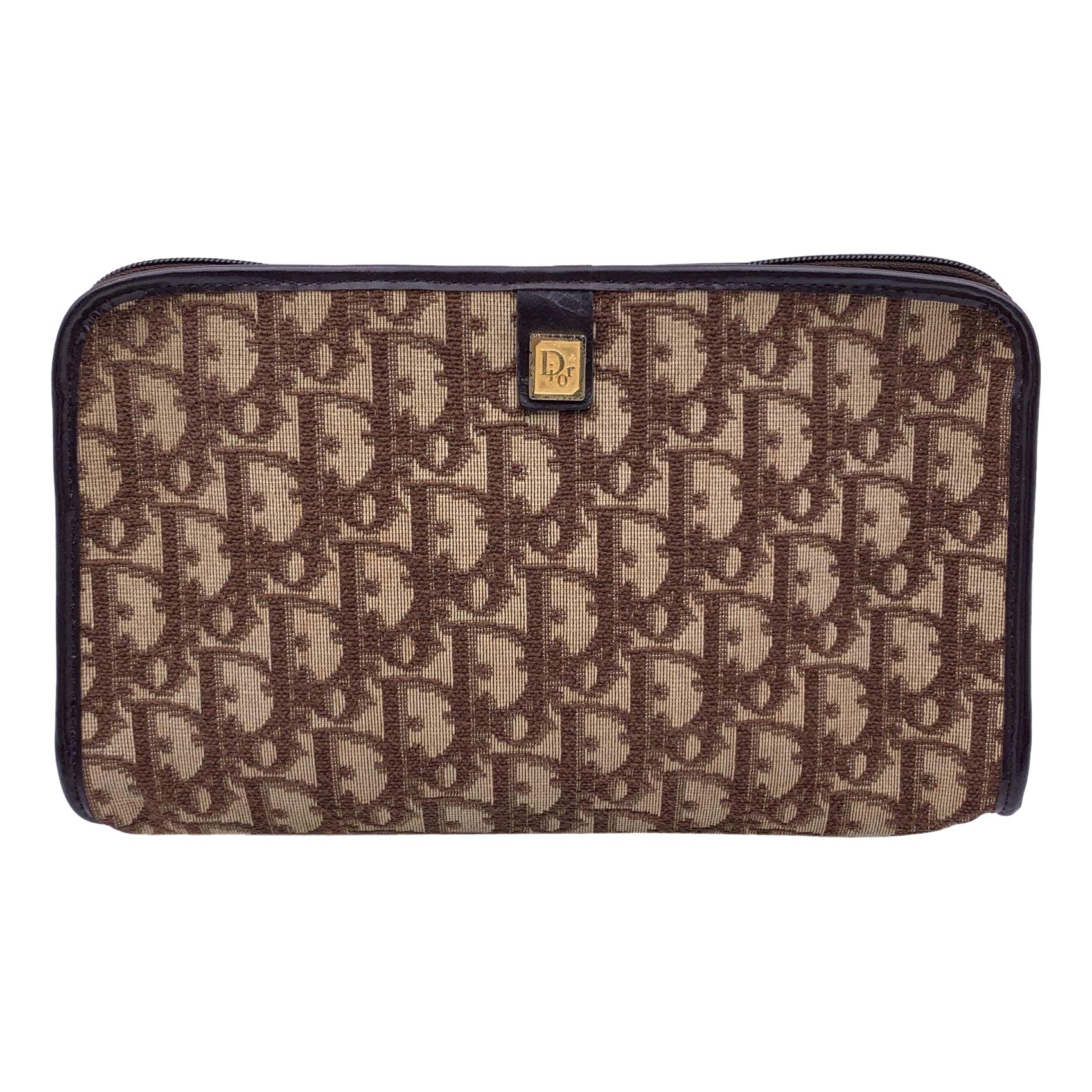 Christian Dior Vintage Logo Marrone Obliquo in Tela Piccola Zip Clutch
