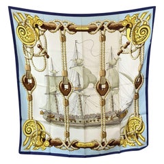 Hermes Vintage Pañuelo de Seda Azul Náutico Tribord 1968 Julie Abadie