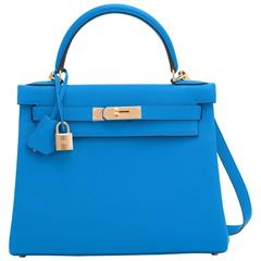 Hermes Blue Zanzibar 28cm Kelly Togo Gold Hardware Summer!