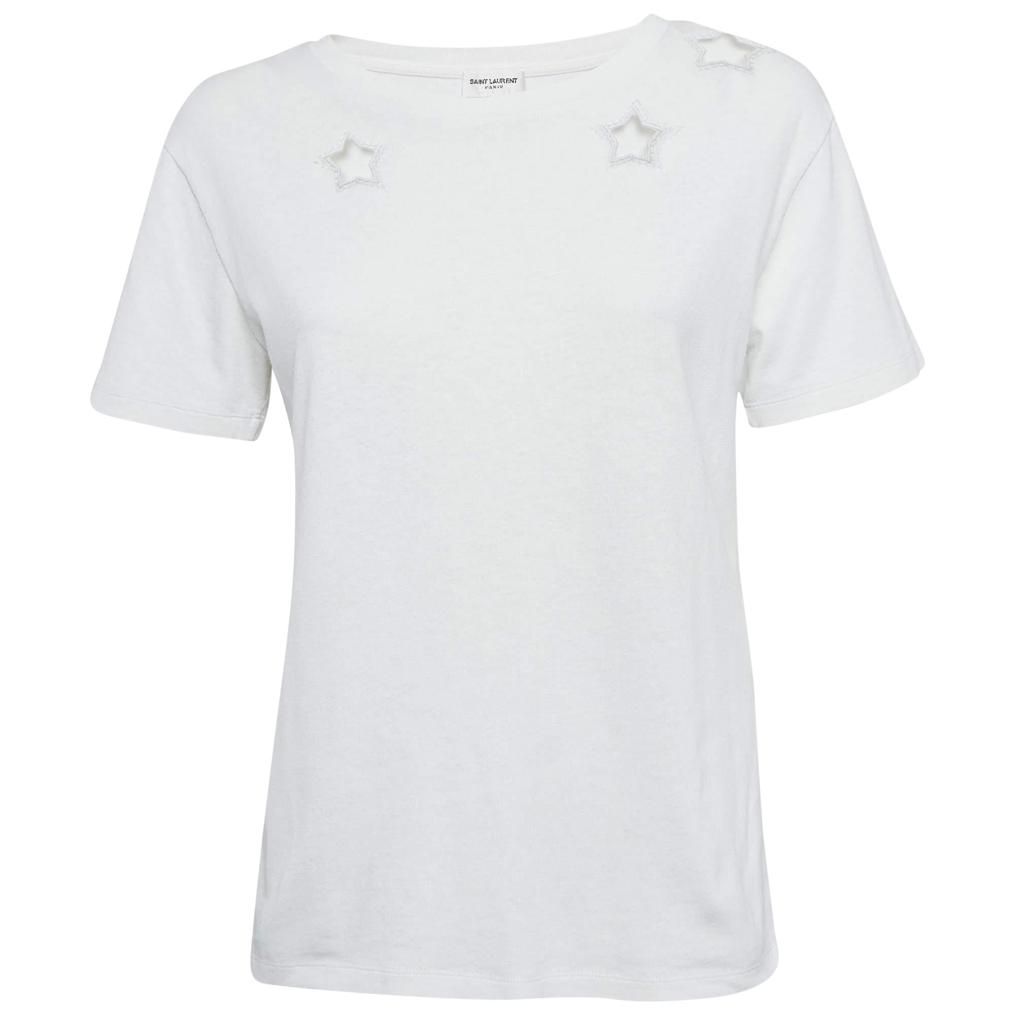 Saint Laurent Paris White Cotton Star Cut-Out Detail T-Shirt XS For Sale