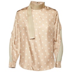 Fendi Beige Calligraphy Print Silk Belted Collar Detail Blouse S