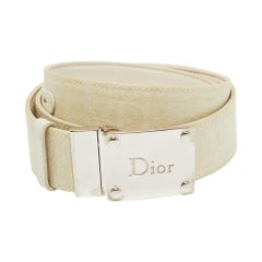 Dior Beige/Blanco Cinturón reversible oblicuo de lona y cuero con logotipo Plaga 85CM
