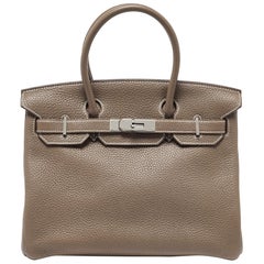 Hermes Etoupe Grey Taurillion Clemence Leather Palladium Finish Birkin 30 Bag