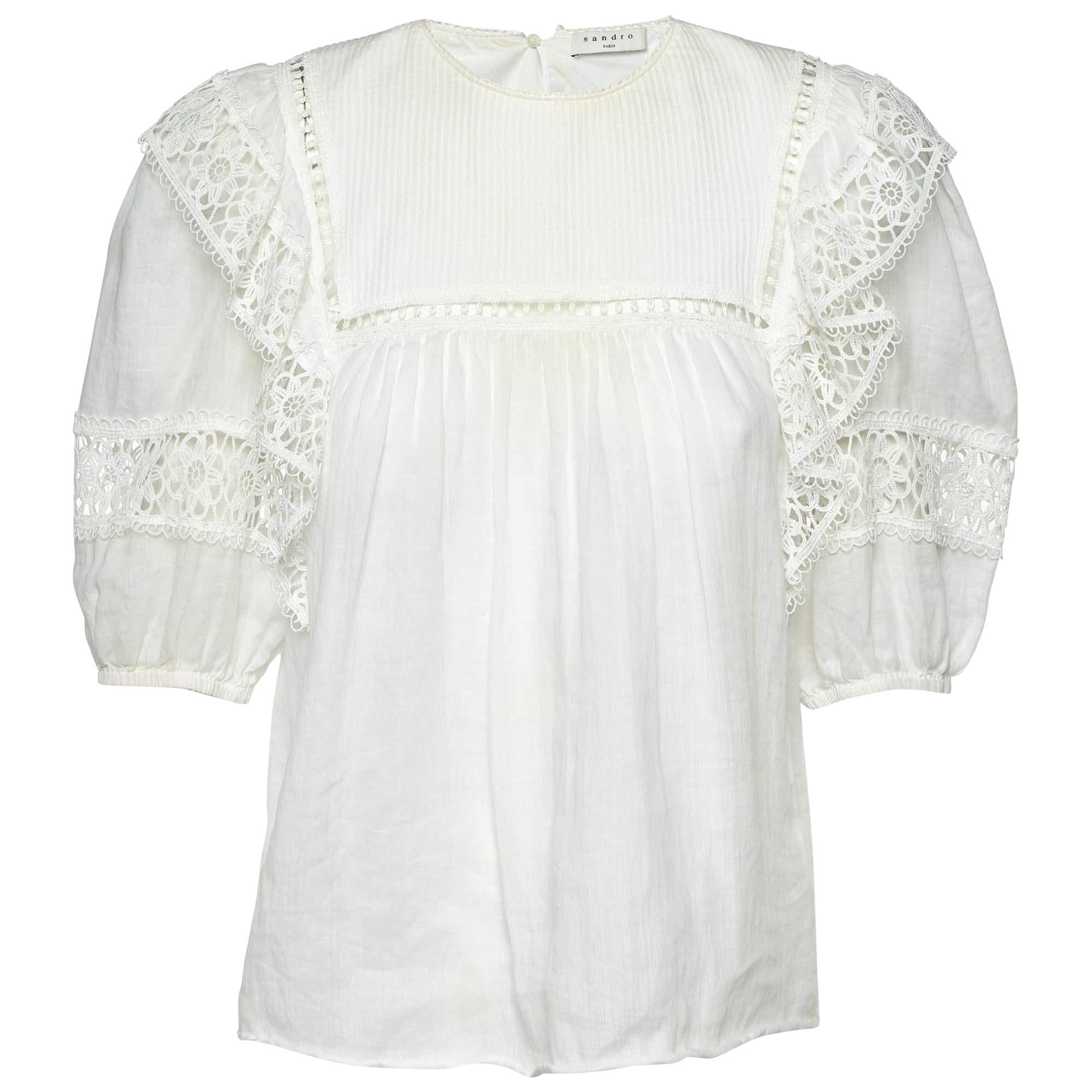 Sandro White Ramie Lace Trim Ruffled Top L For Sale