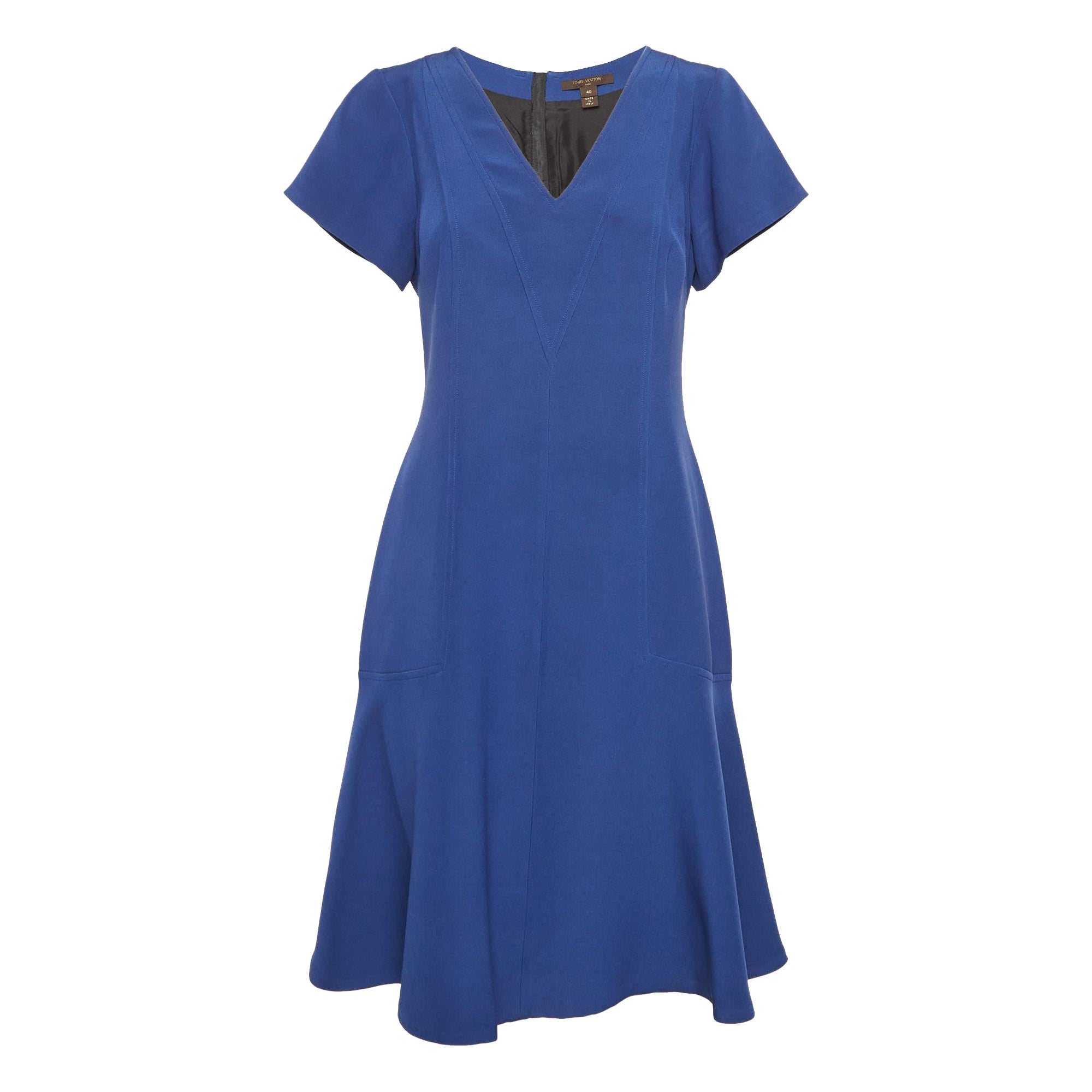 Louis Vuitton Blue Silk V-Neck Panelled Short Dress M For Sale