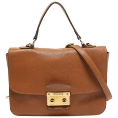 Miu Miu Brown Madras Leather Pushlock Flap Top Handle Bag