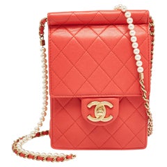 Chanel Red Quilted Leather Vertical Pearl Chain Clutch