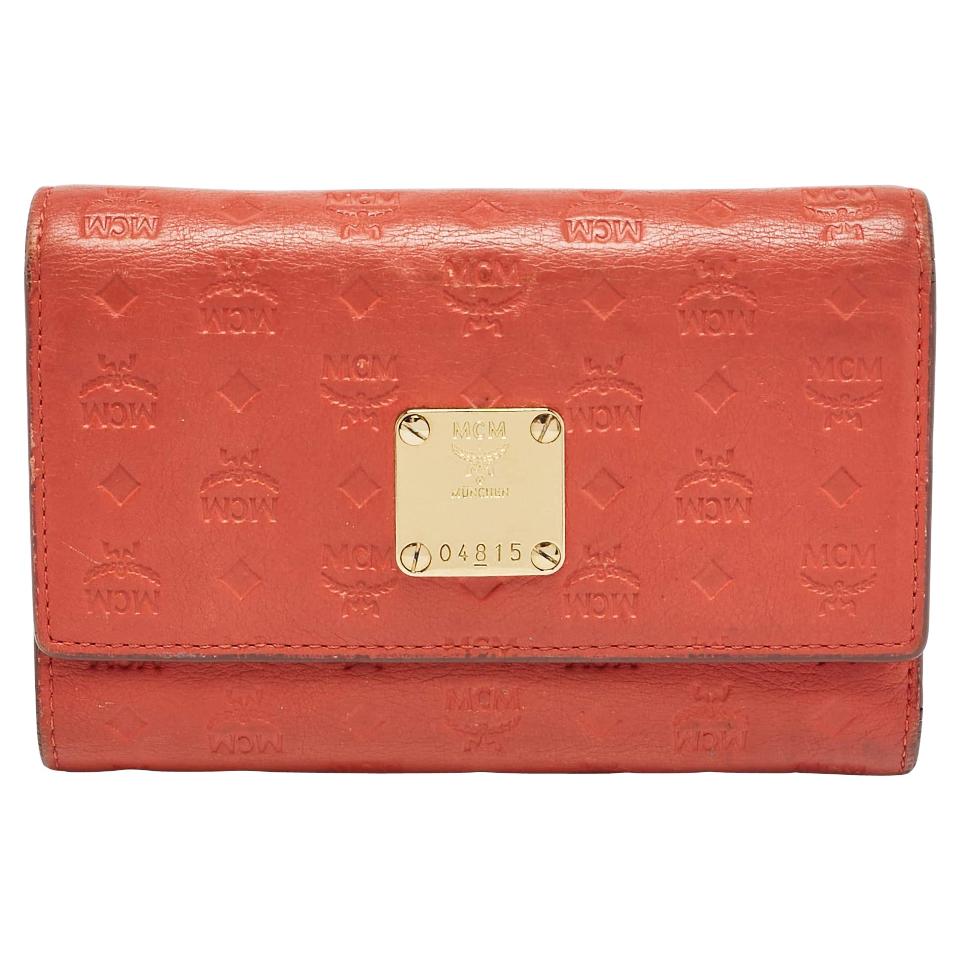 MCM Brick Red Visetos Embossed Leather Trifold Wallet