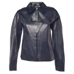 Chanel Navy Blue Leather Zip-Up Button Detail Jacket M