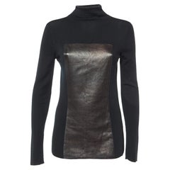 Gucci Black Knit Cashmere Leather Patch High Neck Sweater L