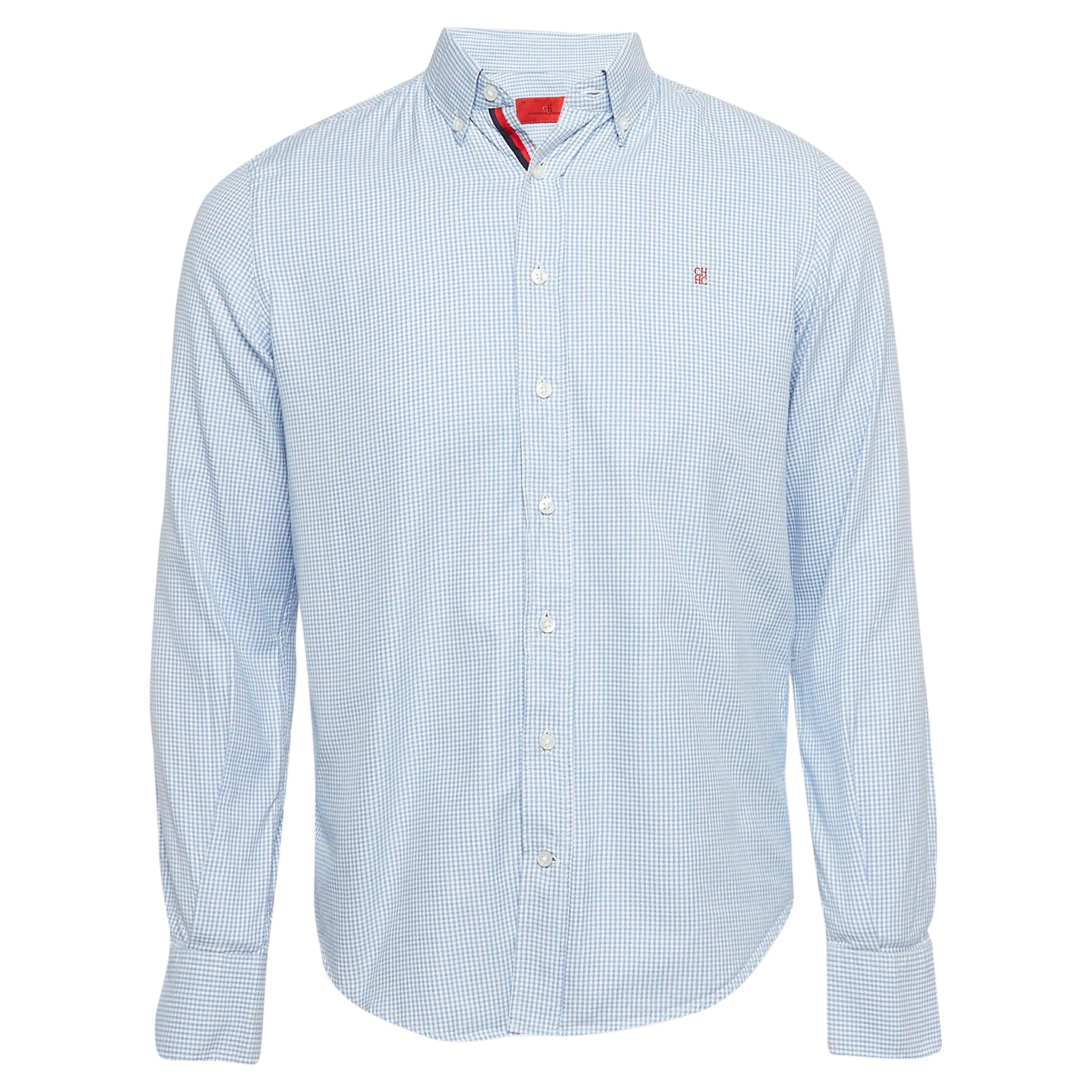 CH Carolina Herrera Blue Houndstooth Cotton Shirt S For Sale