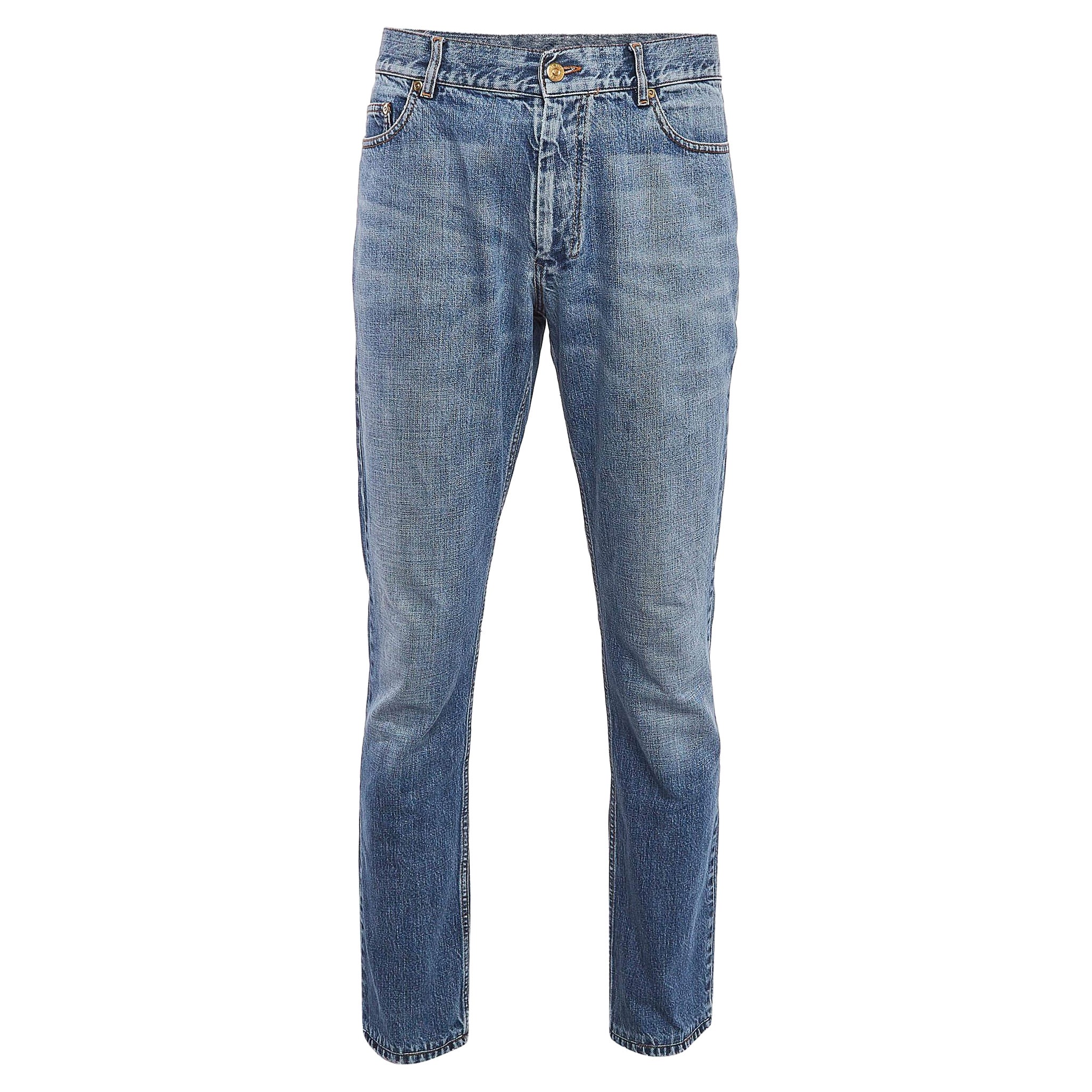 Yves Saint Laurent Vintage Blue Washed Denim Straight-Leg Jeans XL Waist 36" For Sale