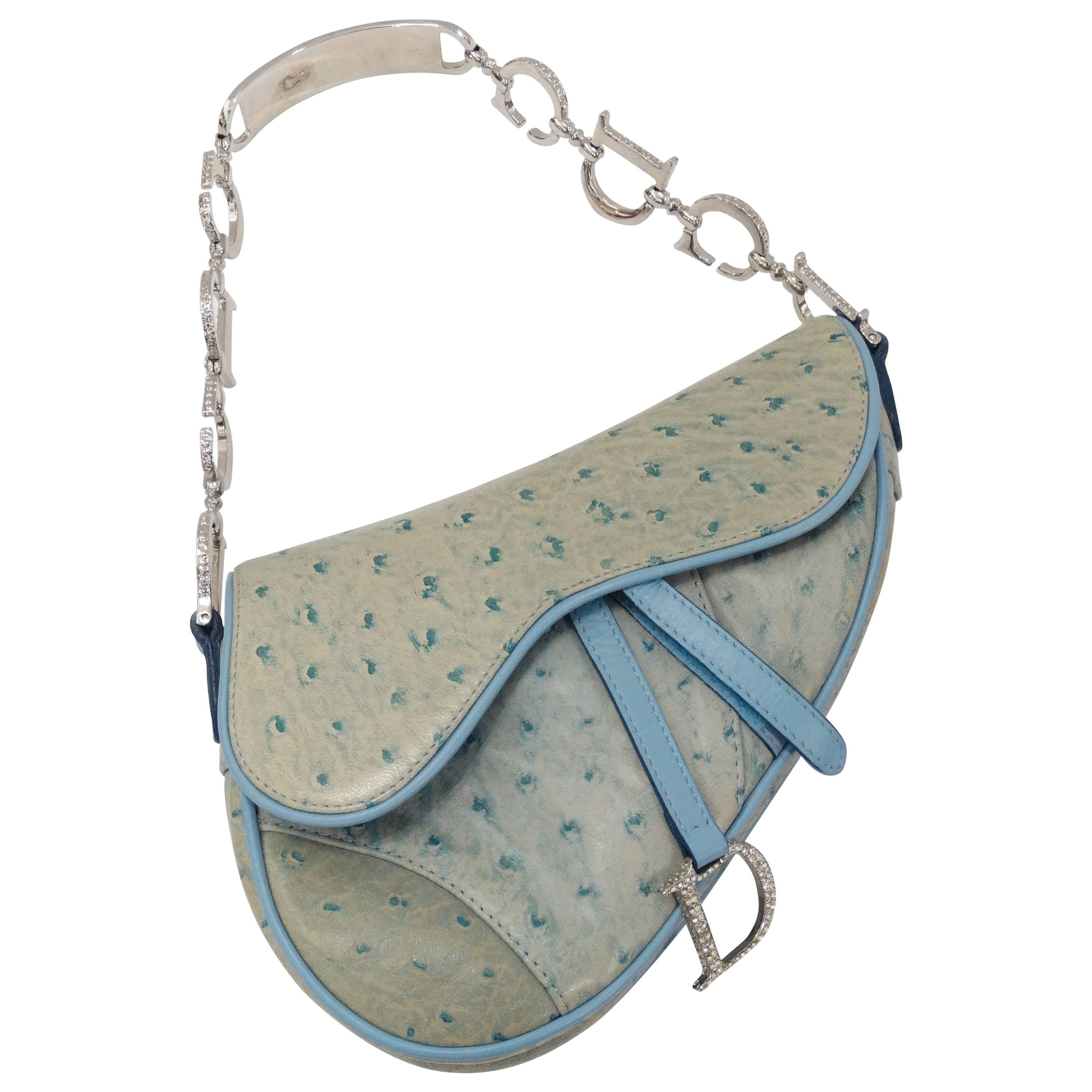 Christian Dior Pastel Blue 'Saddle' Bag in Ostrich with Rhinestone CD Hardware