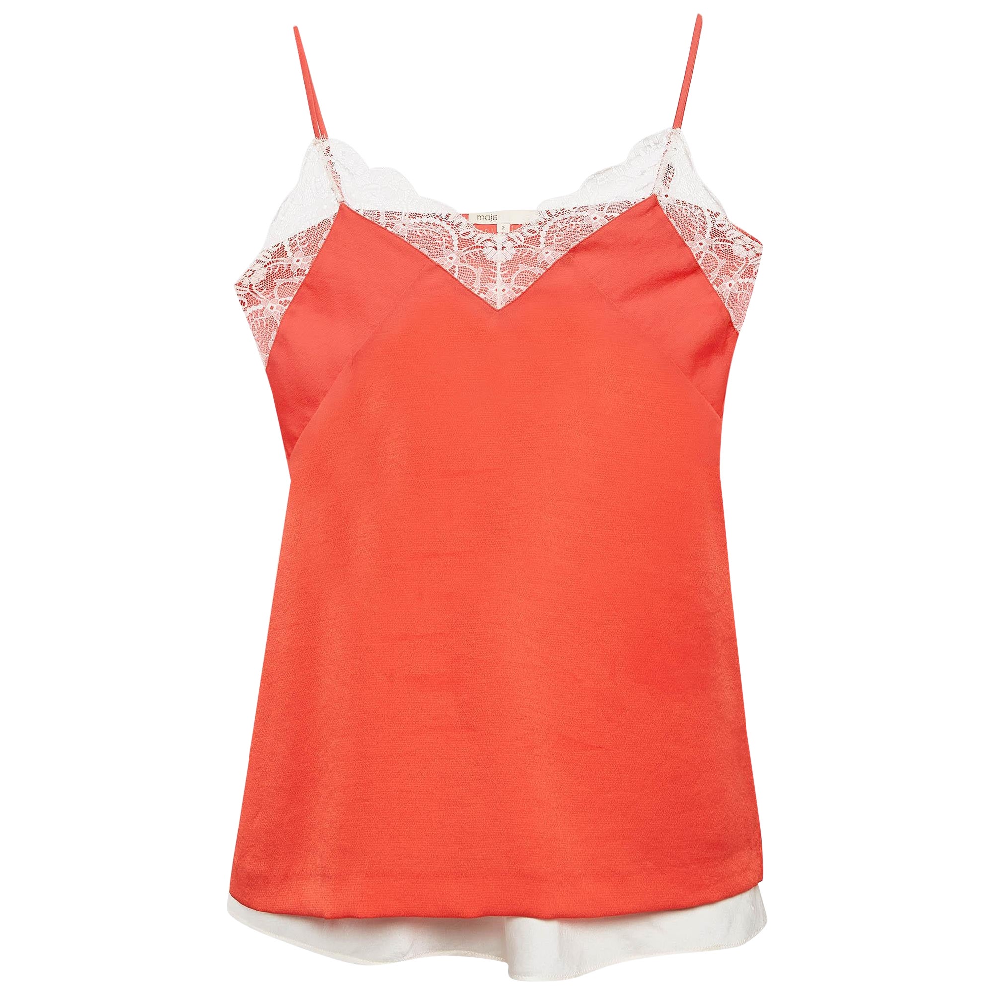Maje Orange/Weißes Camisole-Top aus Krepp und Satin mit Spitzenbesatz, 2er-Set, M/L im Angebot