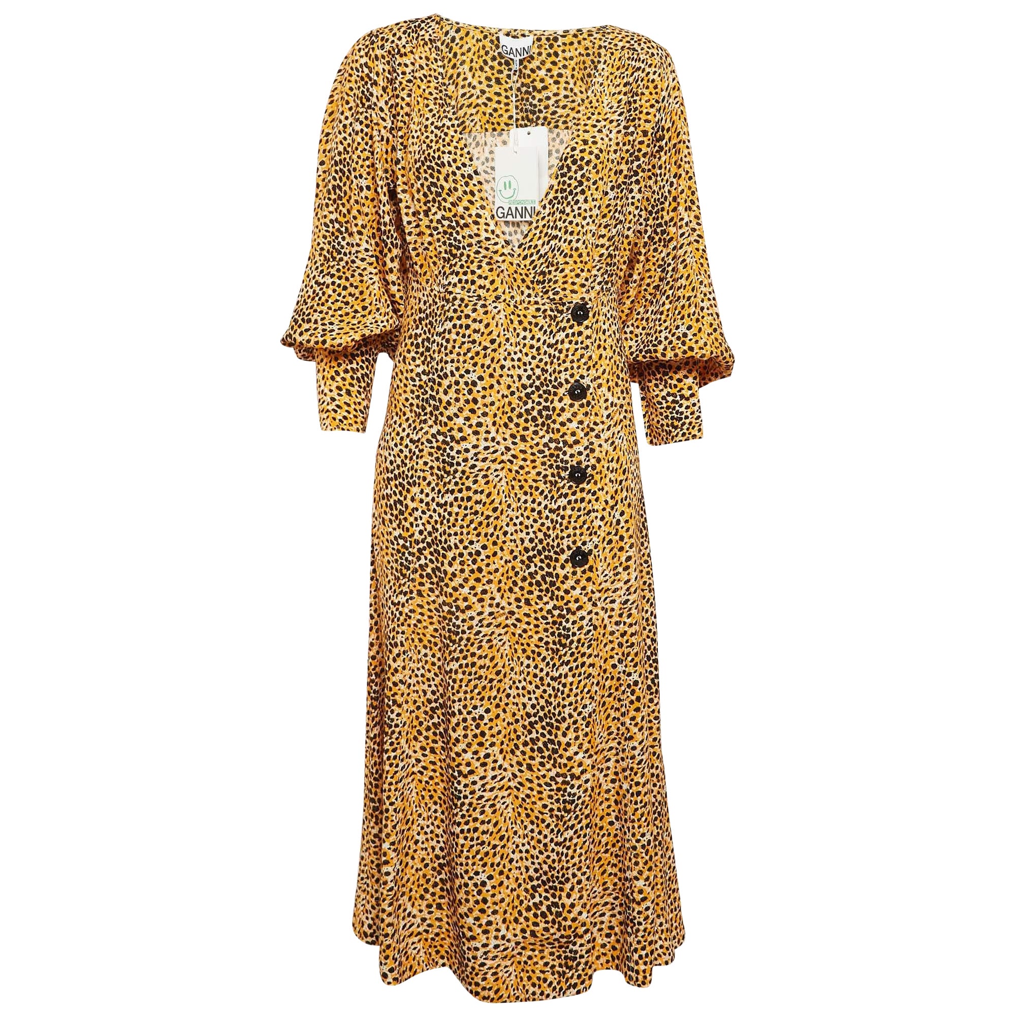 Ganni - Vestito midi abbottonato in crepe con stampa leopardo giallo M.