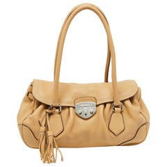 Prada Beige Vitello Daino Leather Pushlock Flap Hobo