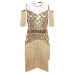 Elisabetta Franchi Gold Sequin Tulle Fringed Mini Dress L