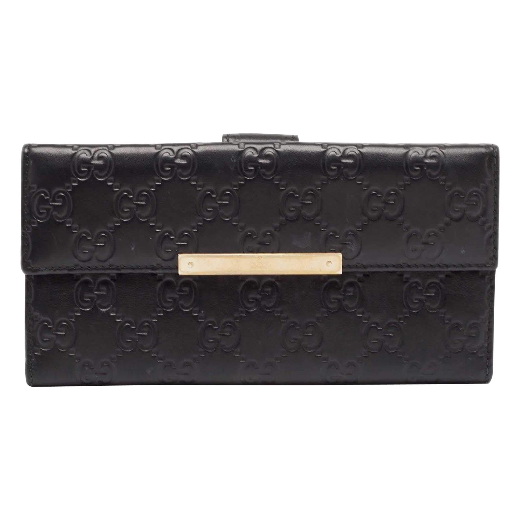 Gucci Black Guccissima Leather Metal Bar Continental Wallet For Sale