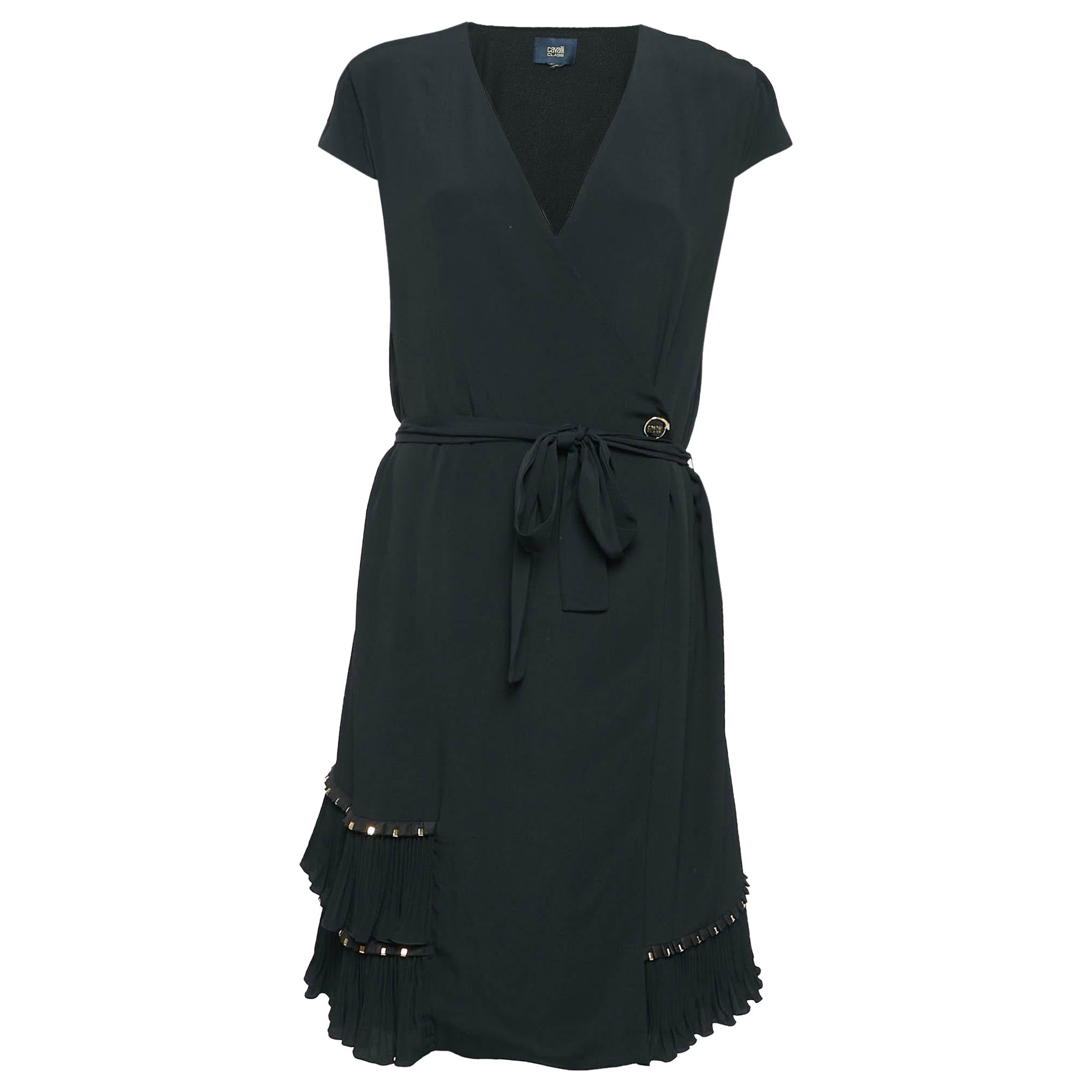 Class by Roberto Cavalli Black Crepe Pleated Hem Knee-Length Dress M For Sale