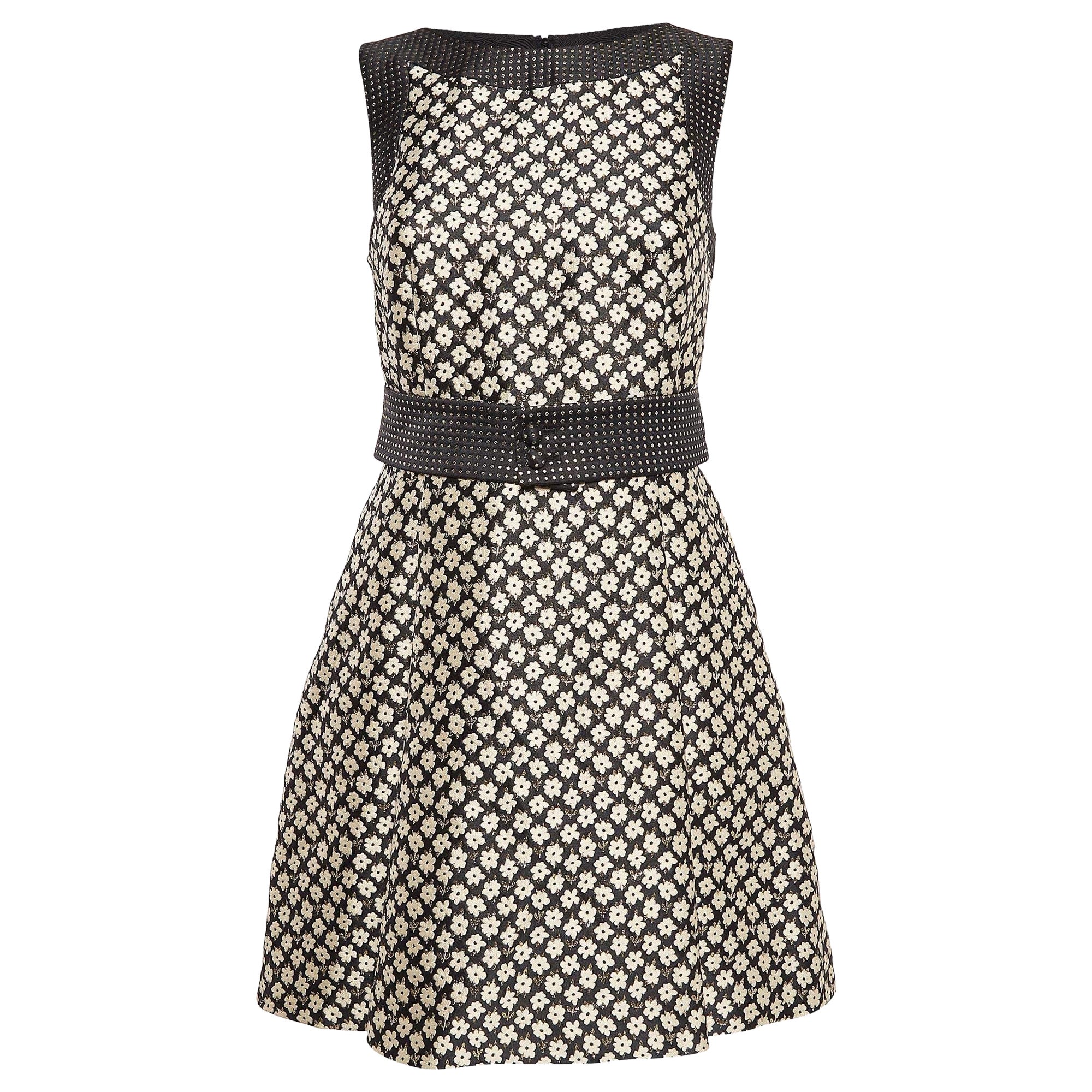 Valentino - Mini-robe ceinturée en jacquard à fleurs noires/or S