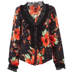 Dolce & Gabbana Black Floral Print Satin Ruffled Shirt M