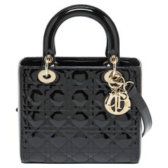 Dior Black Cannage Patent Leather Medium Lady Dior Tote