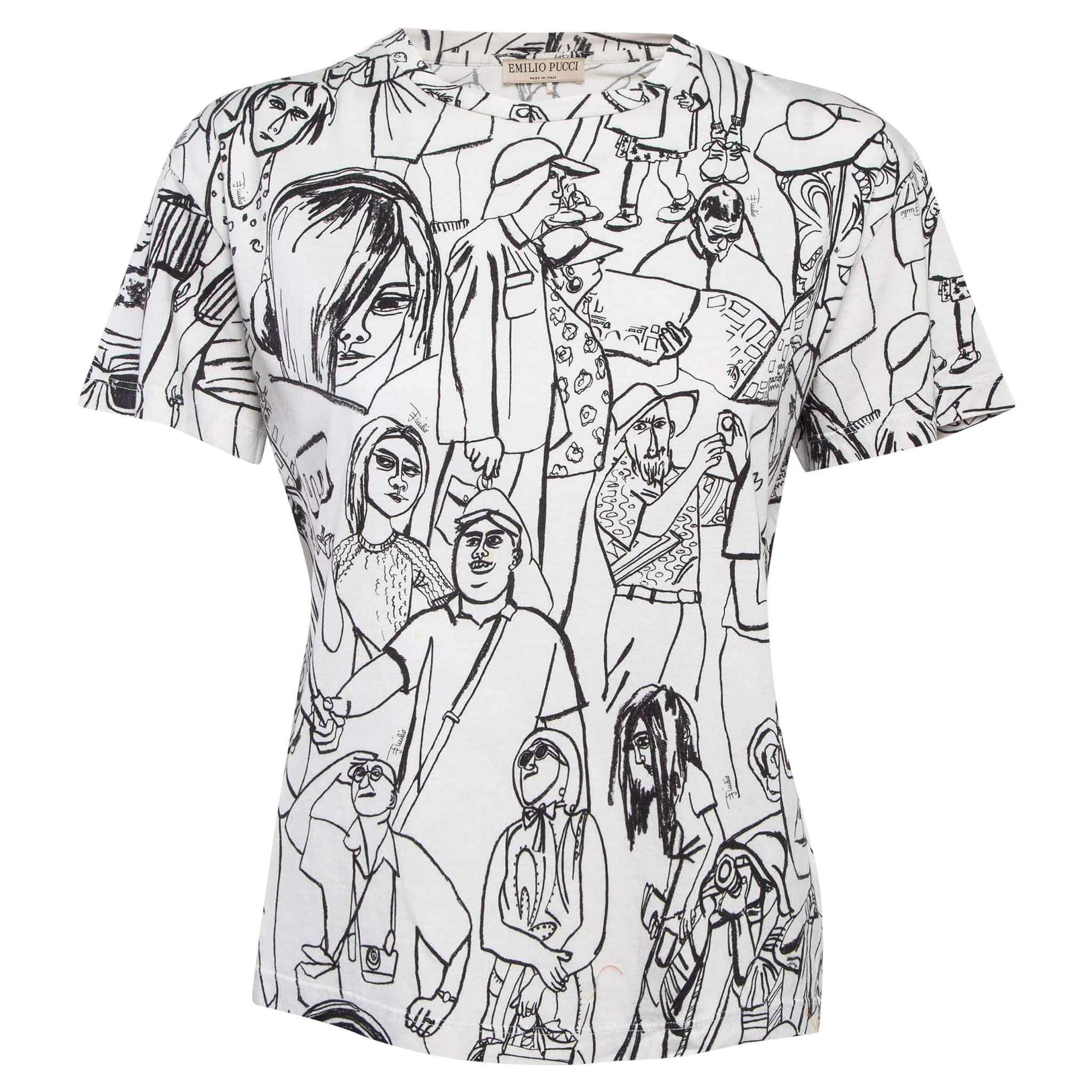 Emilio Pucci White Turisti Fiorentini Print Cotton T-Shirt S For Sale